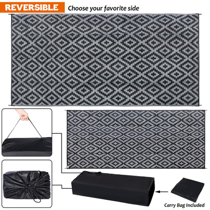 SAND MINE Waterproof Outdoor Rug 10x20 ft, Plastic Reversible Rug, Modern Area Rug, Large Floor Mat for Outdoors, RV, Patio, Backyard, Deck, Picnic, Beach, Camping, Black & Grey
