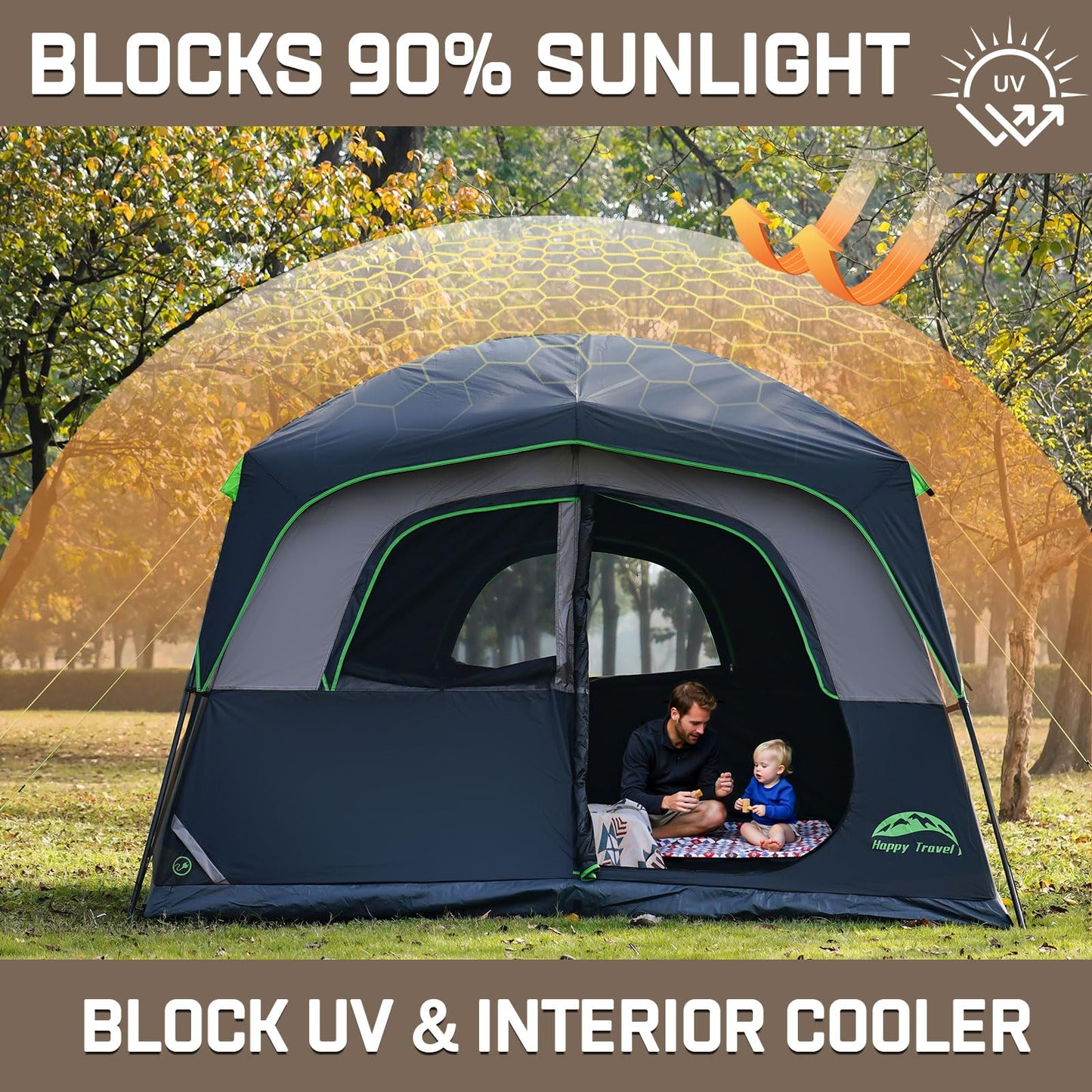 Happy Travel Tent 6 Person Blackout Camping Tent, Portable Easy Setup Cabin Tents with Dark Space Design, Light Blocking Tent with Top Rainfly for Outdoor Camping, Water-Resistant,10'L x 9'W x 79" H