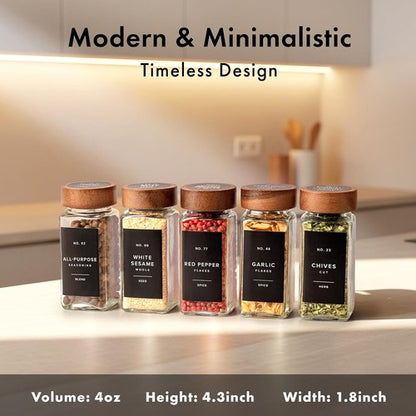 EDELHAUS® Square Spice Jars - Acacia Wooden Lid, Shaker Insert & 240 Labels | Pack of 24, 4.3 in × 1.8 in