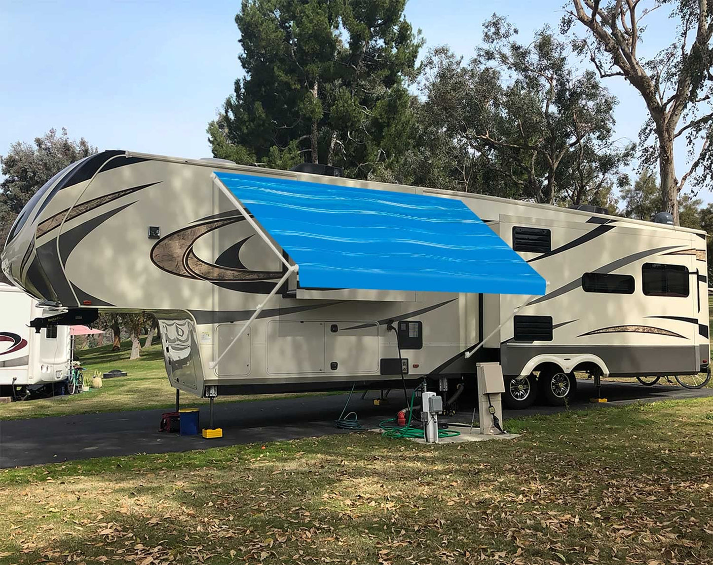 Leaveshade RV Awning Fabric Replacement Camper Trailer Awning Fabric Super Heavy Vinyl Coated Polyester 15'3''(Fit for 16' Awning)- Blue Wave