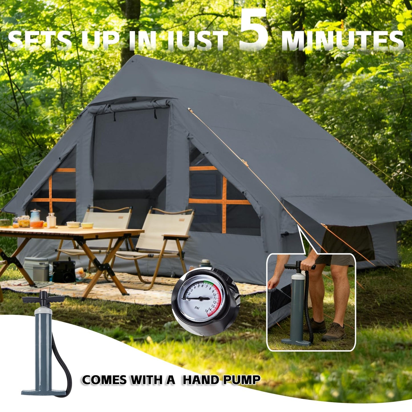 SANHOVO Inflatable Tents for Camping - Easy Blow Up Glamping Tent with Hand Pump, Hot Tent with Stove Jack Waterproof PVC Air Inflatable Tent House for Family Weekend Camping