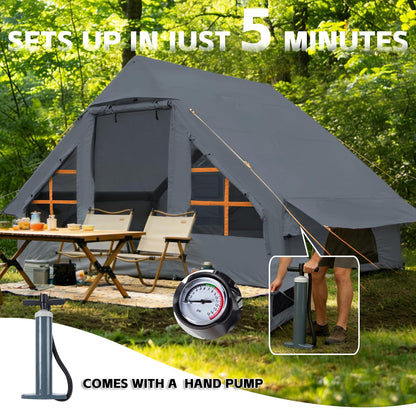 SANHOVO Inflatable Tents for Camping - Easy Blow Up Glamping Tent with Hand Pump, Hot Tent with Stove Jack Waterproof PVC Air Inflatable Tent House for Family Weekend Camping