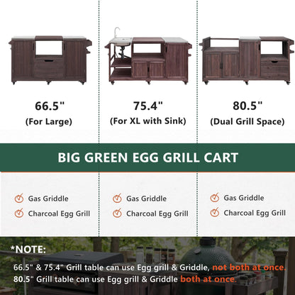 Merax 80.5" Outdoor Kitchen Island for Big Green Egg& Blackstone Griddle,Solid Wood Grill Cart Table with Stainless Steel Top,Drawer for Large Big Green Egg and 21"/28" Blackstone Griddle,Dark Brown