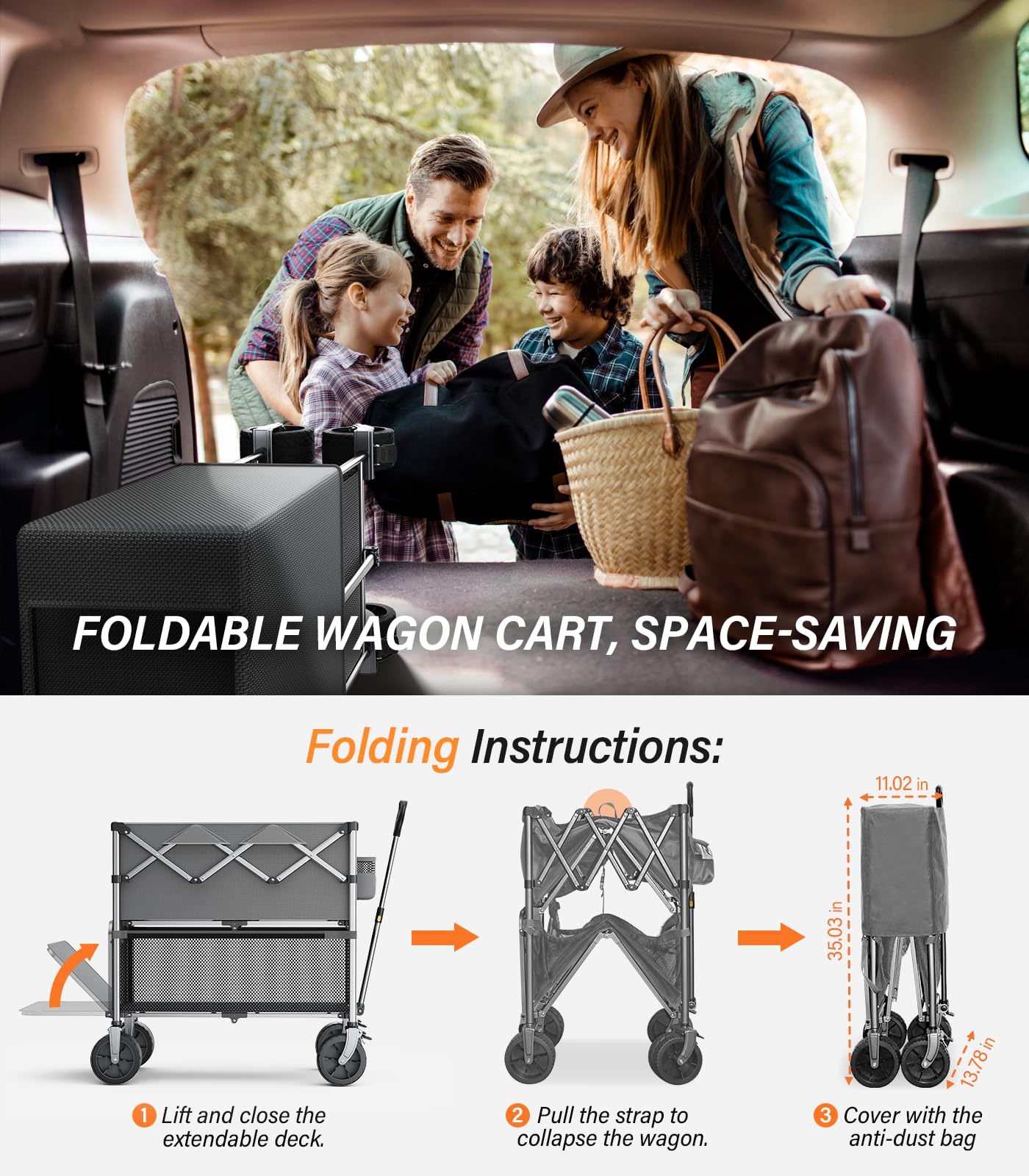 everyfun Pro Collapsible Wagon Double Decker,Wagons Carts Foldable,Heavy Duty Wagon Camping Sports Garden Grocery,Utility Wagon for All Terrain Grey