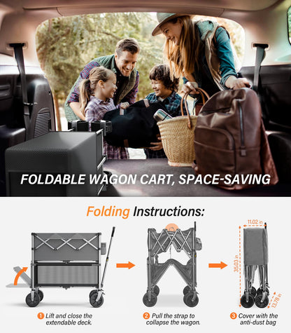everyfun Pro Collapsible Wagon Double Decker,Wagons Carts Foldable,Heavy Duty Wagon Camping Sports Garden Grocery,Utility Wagon for All Terrain Grey