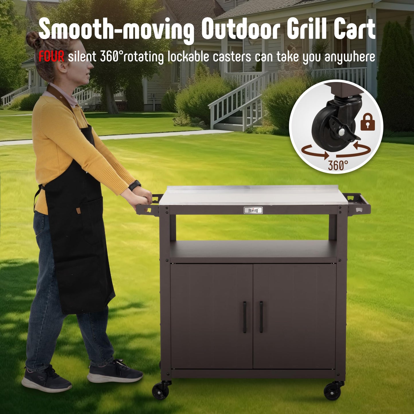 Feasto Outdoor Grill Cart with Stainless Steel Tabletop and Storage Cabinet, Movable Kitchen Island with Wheels for BBQ Food Prep, Brown