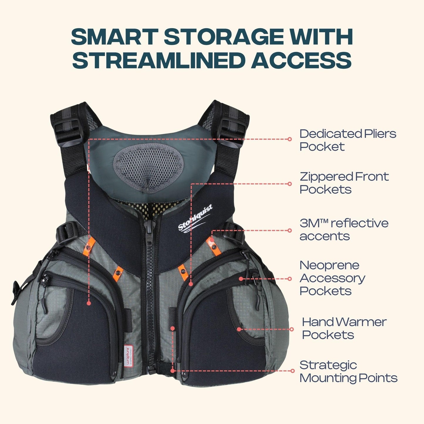 Stohlquist Keeper Fishing Lifejacket, USCG/Transport Canada Approved PFD (Gray, Medium)
