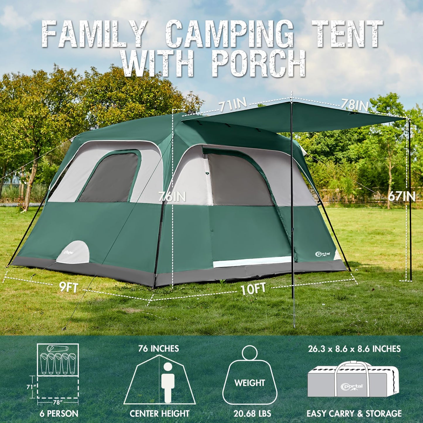Portal 6 Person Cabin Tent for Camping with Porch, Family Waterproof Camping Tent with Rainfly and Carry Bag, 76" Tall Outdoor Tents for Camping