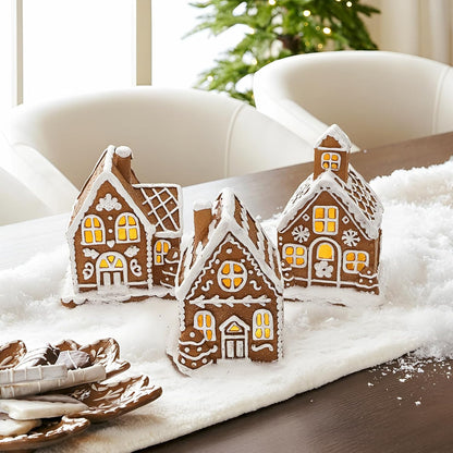 Skiennix Light-Up Gingerbread House Christmas Decorations | 3-Piece Collectible Figurines with LED Lights