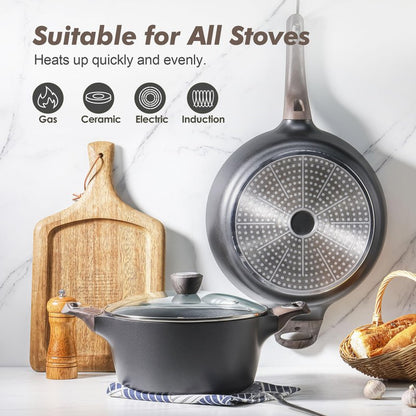 SENSARTE Pots and Pans Set Non stick, Non toxic Healthy Induction Cookware Sets, 14 Pcs Non Stick Kitchen Cooking Set with Frying Pans Set & Saucepan, PFOA PFOS Free, Black