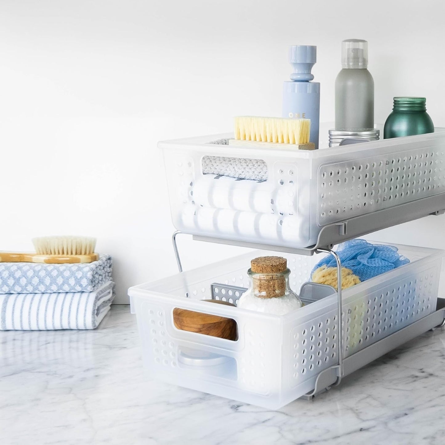 Madesmart 2-Tier Bath Organizer - Undersink Storage with Sliding Drawers & Adjustable Dividers - Frost