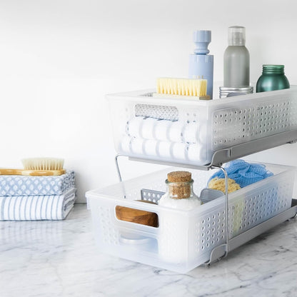 Madesmart 2-Tier Bath Organizer - Undersink Storage with Sliding Drawers & Adjustable Dividers - Frost