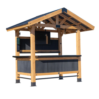Backyard Discovery Palisade 9' x 6' Cedar Wood Outdoor Bar Set with Galvanized Steel Roof, Bar Top, Shelving, Snow Load Support, Wind Resistance, PowerPort for Patio, Deck, Entertaining