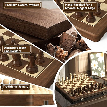 Premium Natural Walnut 15 Magnetic Wooden Folding Chess &amp Checkers Set- 2 in 1 Board Game with 3 King Staunton Pieces and 2 Extra Queens Checkers and Dust-Proof Storage Bag (Red)