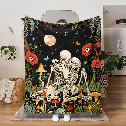 Leeisysme The Kissing Lovers Floral Fleece Throw Blanket, Hippie Skeleton Moon Mushroom Skull Flower Plants Romantic Cozy Decor Nap Blankets for Sofa Bed Couch Chair or Dorm Throws 50×60 inches
