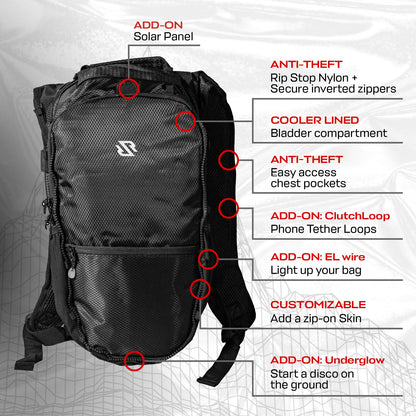 RAVERUNNER® Anti-Theft Hydration Backpack | Festival Approved Rave Backpack for Concert Goers, Leak-Free Festival Water Backpack for EDC, Rave Hydration Pack (Black)
