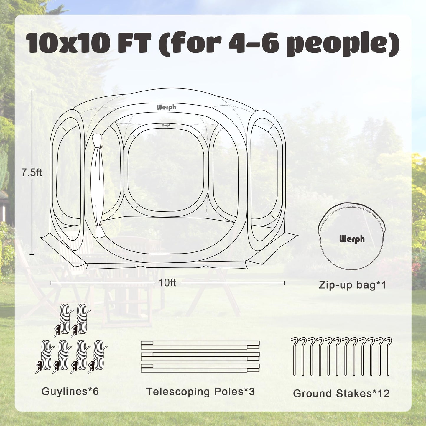 Werph 10x10 Pop Up Screen Tent, Mosquito Net Gazebo, UV Resistant Roof Waterproof Screen Canopy, Quick Setup Outdoor Shelter for Backyard, Patio, Garden, Picnic, Camping and Events, Green