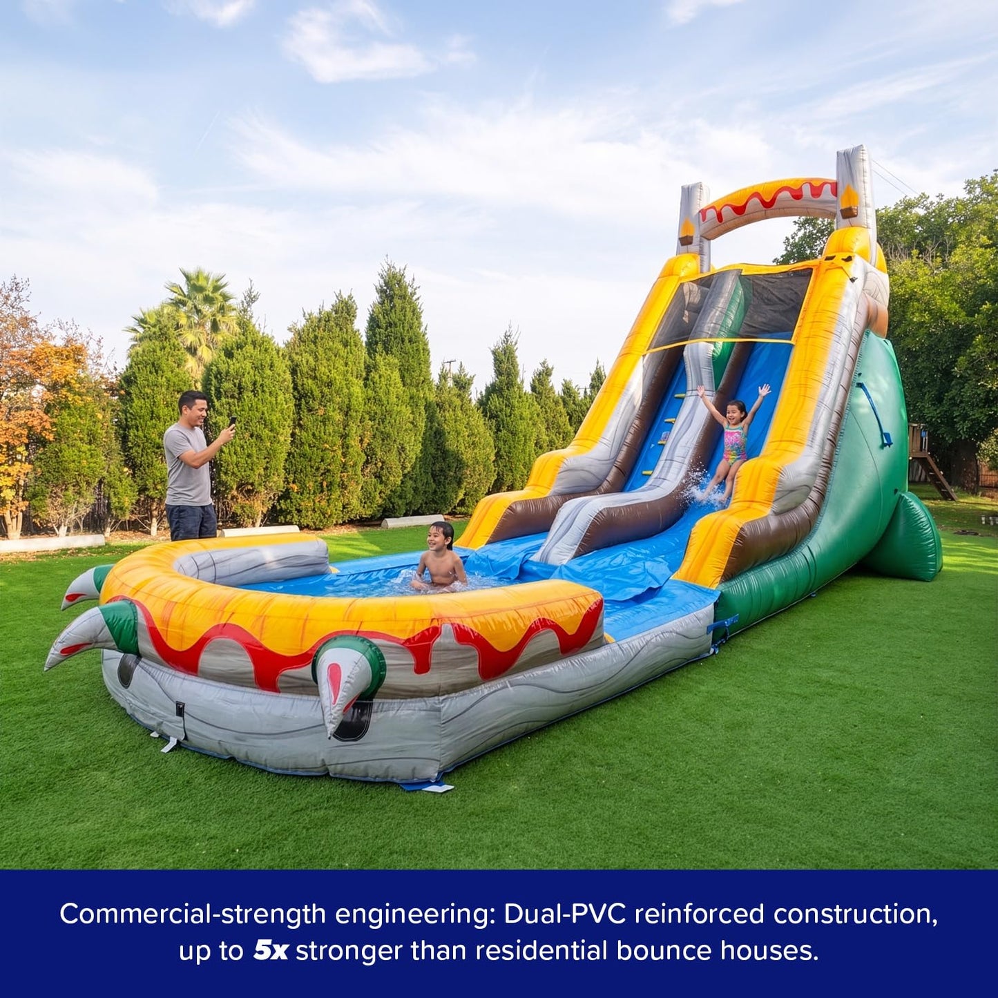 HeroKiddo 18ft T-Rex Inflatable Water Slide with Detachable Pool and Blower, 29ft Long- 100% Commercial PVC Vinyl, Heavy Duty Wet/Dry Slide for Kids and Adults, Front Load Entry for Easy Supervision