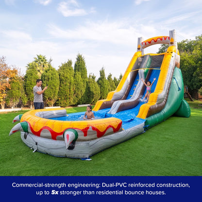 HeroKiddo 18ft T-Rex Inflatable Water Slide with Detachable Pool and Blower, 29ft Long- 100% Commercial PVC Vinyl, Heavy Duty Wet/Dry Slide for Kids and Adults, Front Load Entry for Easy Supervision