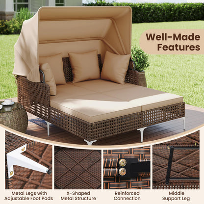 Tangkula Outdoor Rattan Daybed with Retractable Canopy, Boho Patio Wicker Sunbed with Metal Support, Pillows & Cushions, Outdoor Double Chaise Lounge with Shade for Backyard, Poolside, Deck & Balcony
