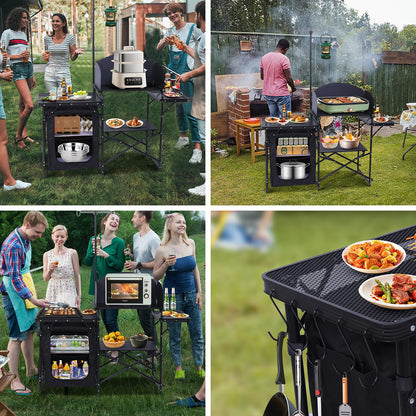 Nice C Camping Kitchen Station, Camping Table, Picnic Table, Portable Grill Table, Folding Cook Table, Upgrade Light Stand and Windshield Station & Organizers, Carry Bag for Beach, Picnic (Black)
