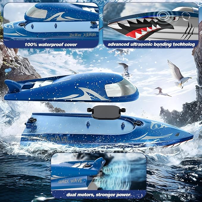 Shark RC Racing Boat for Kids &amp Adults2.4GHz High Speed Remote Control Boat W/ Dual Battery 50 Min RuntimeWaterproofFast Remote Control Toy Gift Kids 8-12 Ideal for Pools &amp LakesShining B
