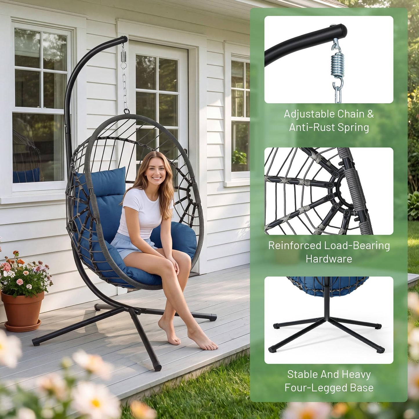 LEX CRAFT Hanging Egg Chair with Stand, Swinging Egg Chair Outdoor Indoor, Hanging Basket Chair with Cushion, Patio Wicker Hammock Chair 350lbs Capacity (Grey-Blue)