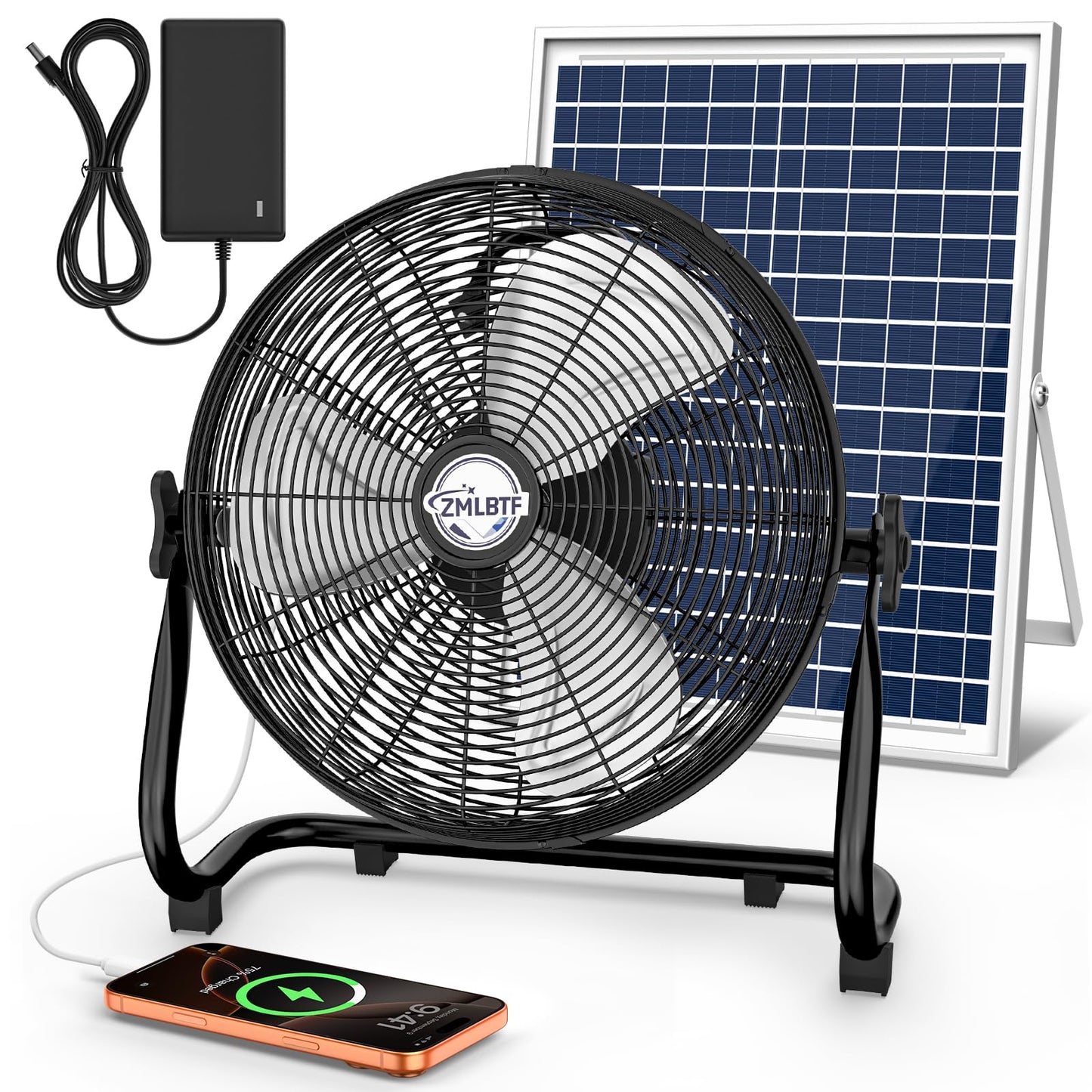 ZMLBTF 14" Solar Powered Fan with 20W Solar Panel & Rechargeable Battery, Portable, Quiet 12 Speed, 360° Tilt Head for Outside, Camping, Travel, Greenhouse, Chicken Coop, Patio, gazebo (Black)