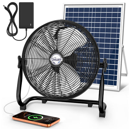 ZMLBTF 14" Solar Powered Fan with 20W Solar Panel & Rechargeable Battery, Portable, Quiet 12 Speed, 360° Tilt Head for Outside, Camping, Travel, Greenhouse, Chicken Coop, Patio, gazebo (Black)