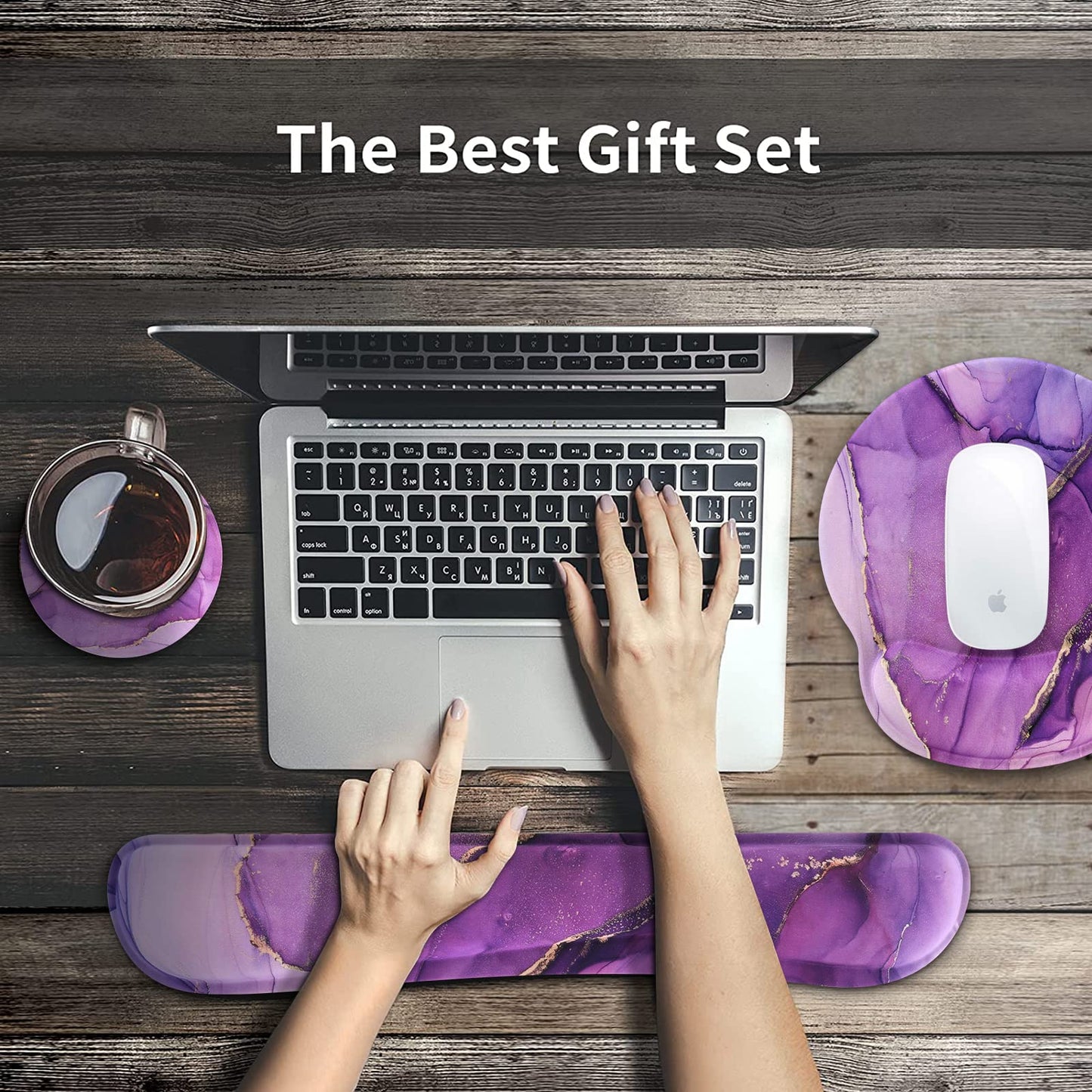 iCasso Purple Ergonomic Gaming Mouse Pad with Wrist Support, 4in1 XXL Large Desk Mat - Keyboard Wrist Rest + Mouse Wrist Rest + Coaster, Marble Style Desk Pad Mousepad