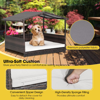 PETSITE Wicker Elevated Dog Bed with Weatherproof Roof, Raised Rattan Pet House Indoor/Outdoor with Removable Cushion Lounge for Small, Medium Dogs