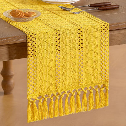 Socomi Boho Table Runner Easter Spring Farmhouse Rustic Dining Kitchen Centerpiece Decor Small Macrame Woven Cotton Linen Coffee Table Runner for Dresser Scarf Home Decor 12x72 in Yellow Gold
