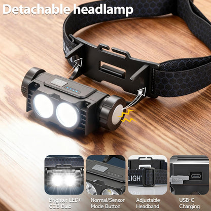 Bud K 12pack Headlamp Rechargeable, 5000L Super Bright Light LED Rechargeable Headlight, 3 Modes, Detachable Flashlight & Waterproof Head Lamp for Adult, Running, Outdoor, Emergency, Hard Hat Light