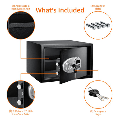 Amazon Basics Steel Security Safe and Lock Box with Digital Keypad, Easy to Use, Removable Shelf, Secure Cash, Jewelry, Documents, Black, 1.2 Cubic Feet, 16.9-x-14.6-x-10.6-inches (WxDxH)