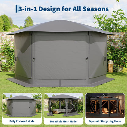 GarveeLife 13x13FT 6-Sided Pop Up Gazebo Tent，One-Push Setup Canopy Tent with Removable Canopy Top & Wind Cloths, Outdoor shelter for Camping, Backyard Parties, Outdoor Events - Grey