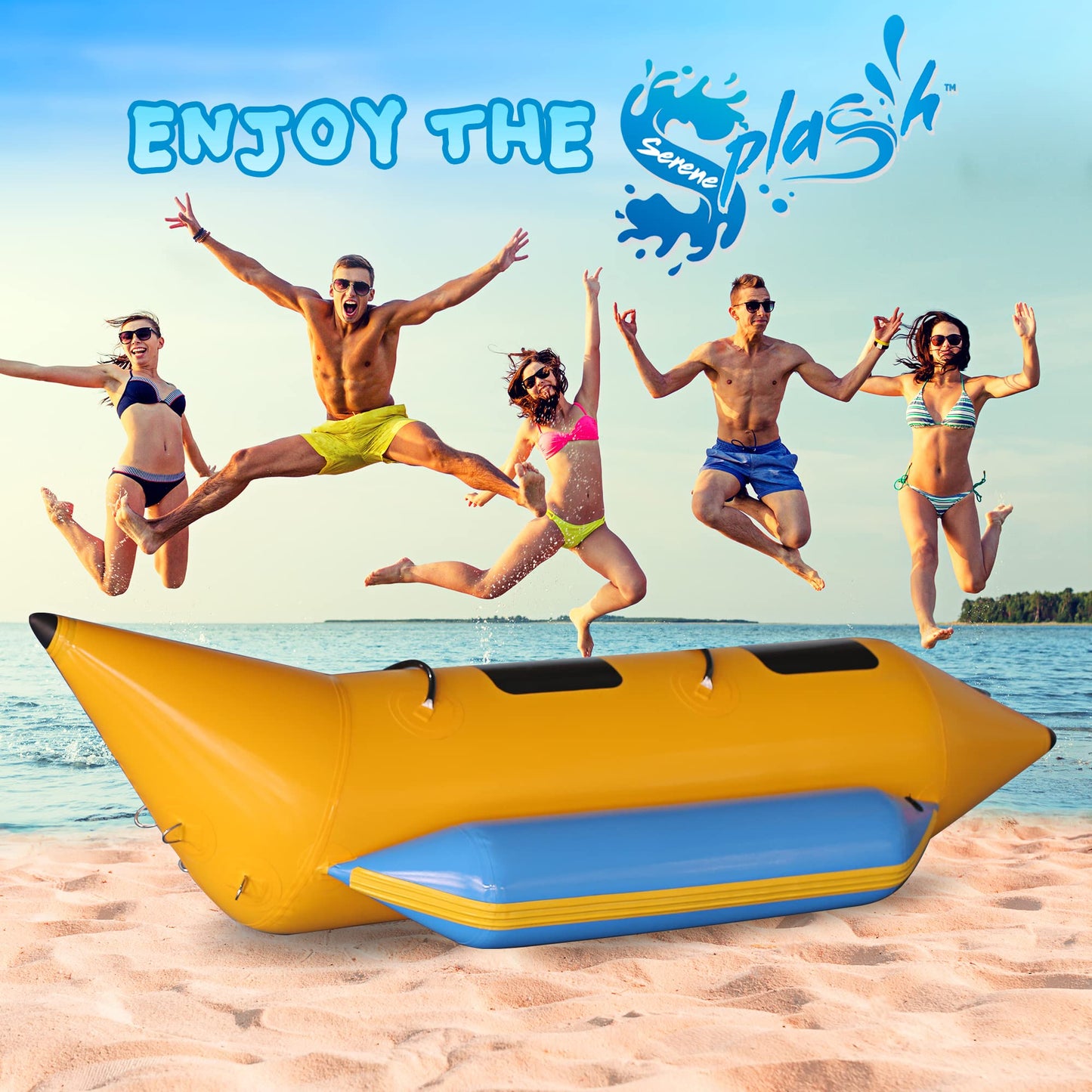 Jovial 2 Person Inflatable Banana Boat, Includes Storage Bag, Foot Pump, and Repair Kit, Tough and Thick, Reinforced Seats and Foot Areas, 340 Lbs Weight Capacity, Easy Inflation and Deflation