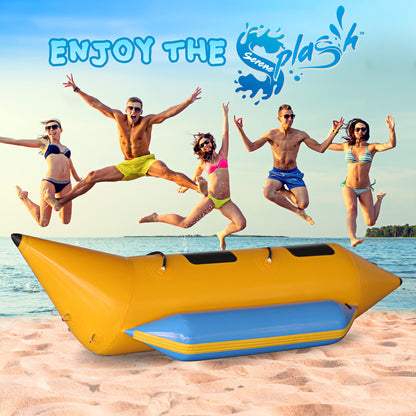 Jovial 2 Person Inflatable Banana Boat, Includes Storage Bag, Foot Pump, and Repair Kit, Tough and Thick, Reinforced Seats and Foot Areas, 340 Lbs Weight Capacity, Easy Inflation and Deflation