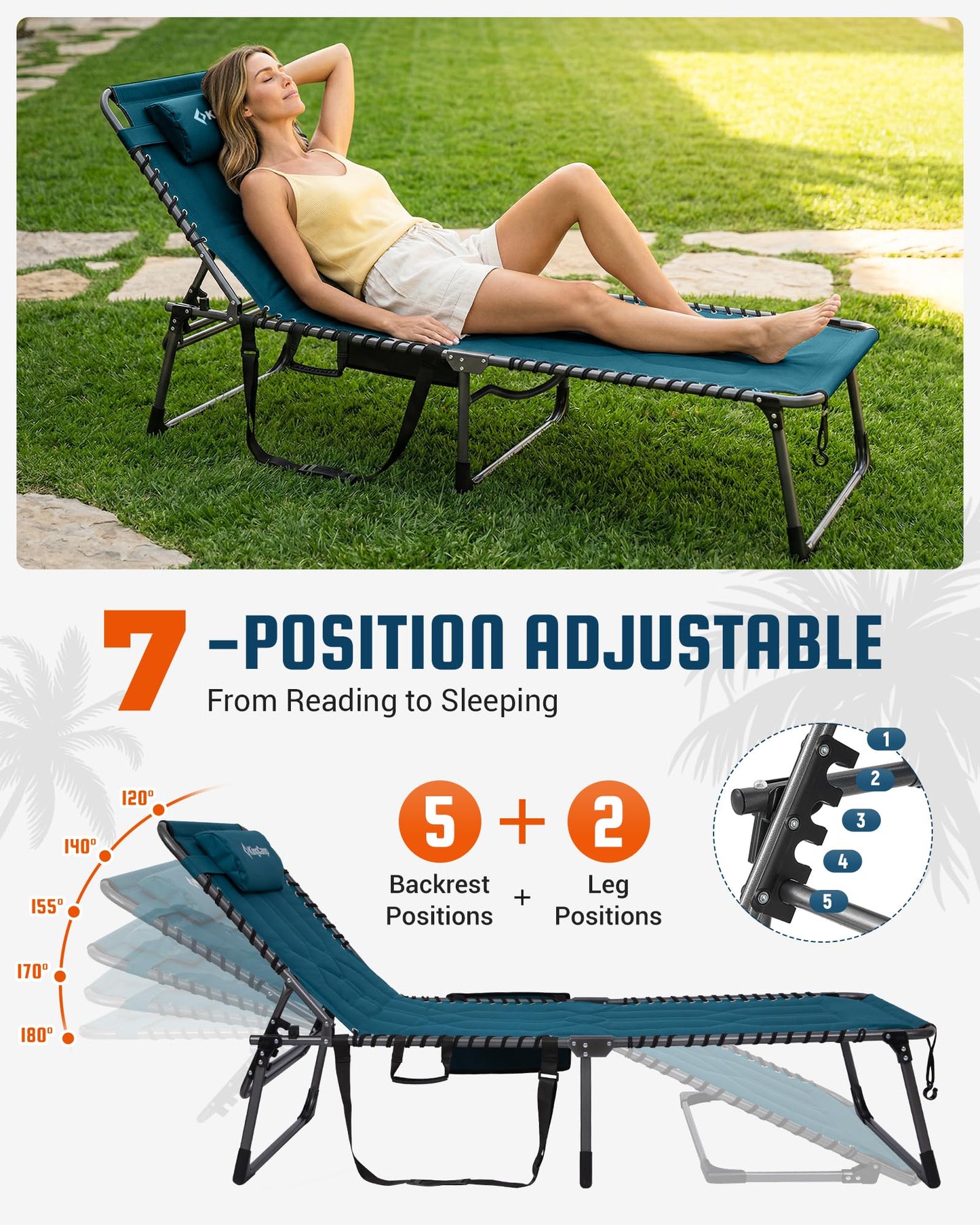 KingCamp Oversized Tanning Chair, Extra-Wide Padded Folding Chase Lounge Chairs Portable Adjustable 5-Position 440lbs Heavy Duty Lounger with Double-Layer Oxford for Outdoor Beach Patio Sun Pool Blue