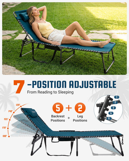 KingCamp Oversized Tanning Chair, Extra-Wide Padded Folding Chase Lounge Chairs Portable Adjustable 5-Position 440lbs Heavy Duty Lounger with Double-Layer Oxford for Outdoor Beach Patio Sun Pool Blue