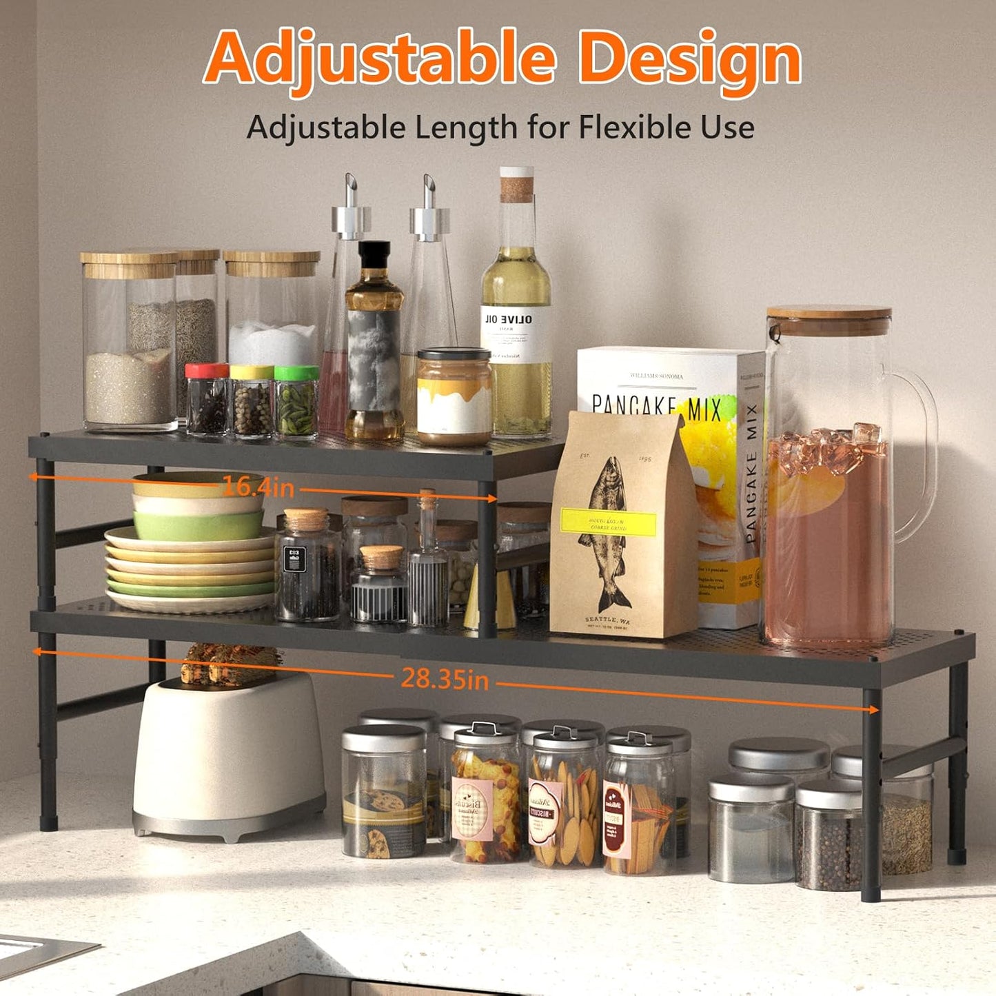 Skiennix Expandable Adjustable Kitchen Organizer - Heavy Duty Spice Rack & Counter Shelf for Cabinets