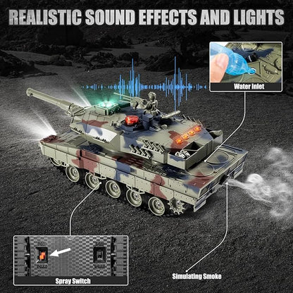 1/24 RC Battle Tank Set Remote Control Russian T90 and German Leopard II Tank Model That Shoots for Kids and Adults 2.4Ghz Army Toy for Boys 6+ Year Old with Smoke Sound Effects and Lights
