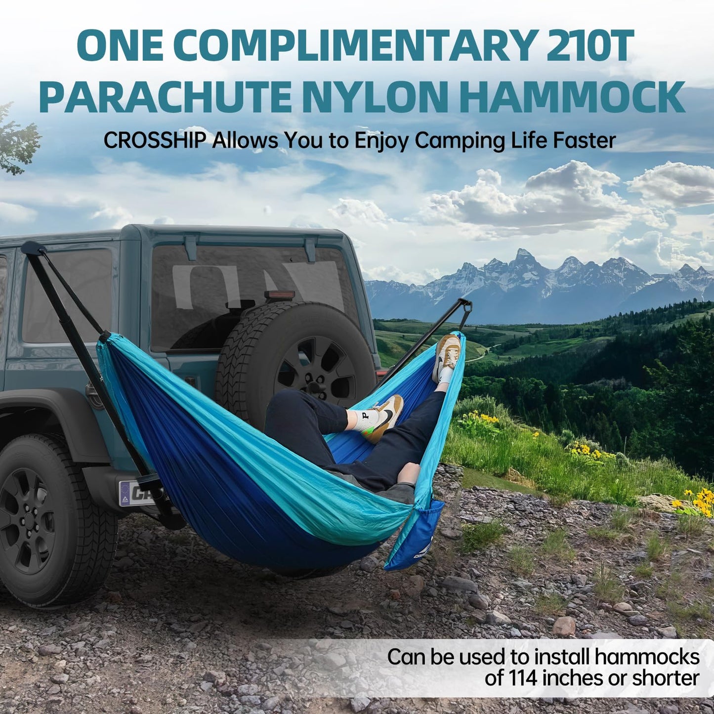 CROSSHIP Hitch Mount Hammock Stand - Includes Parachute Nylon Hammock & Storage Bag - for 2'' Receiver, Fits Class III & IV Heavy Duty Trucks, for Camping, Outdoor, Travel (350lbs Weight Capacity)