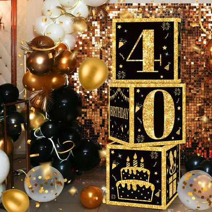 40th Birthday Decorations Boxes for Men- 3PCS Black Gold Happy 40th Birthday Balloons Boxes, 40 Year Old Party Supplies for Men Women