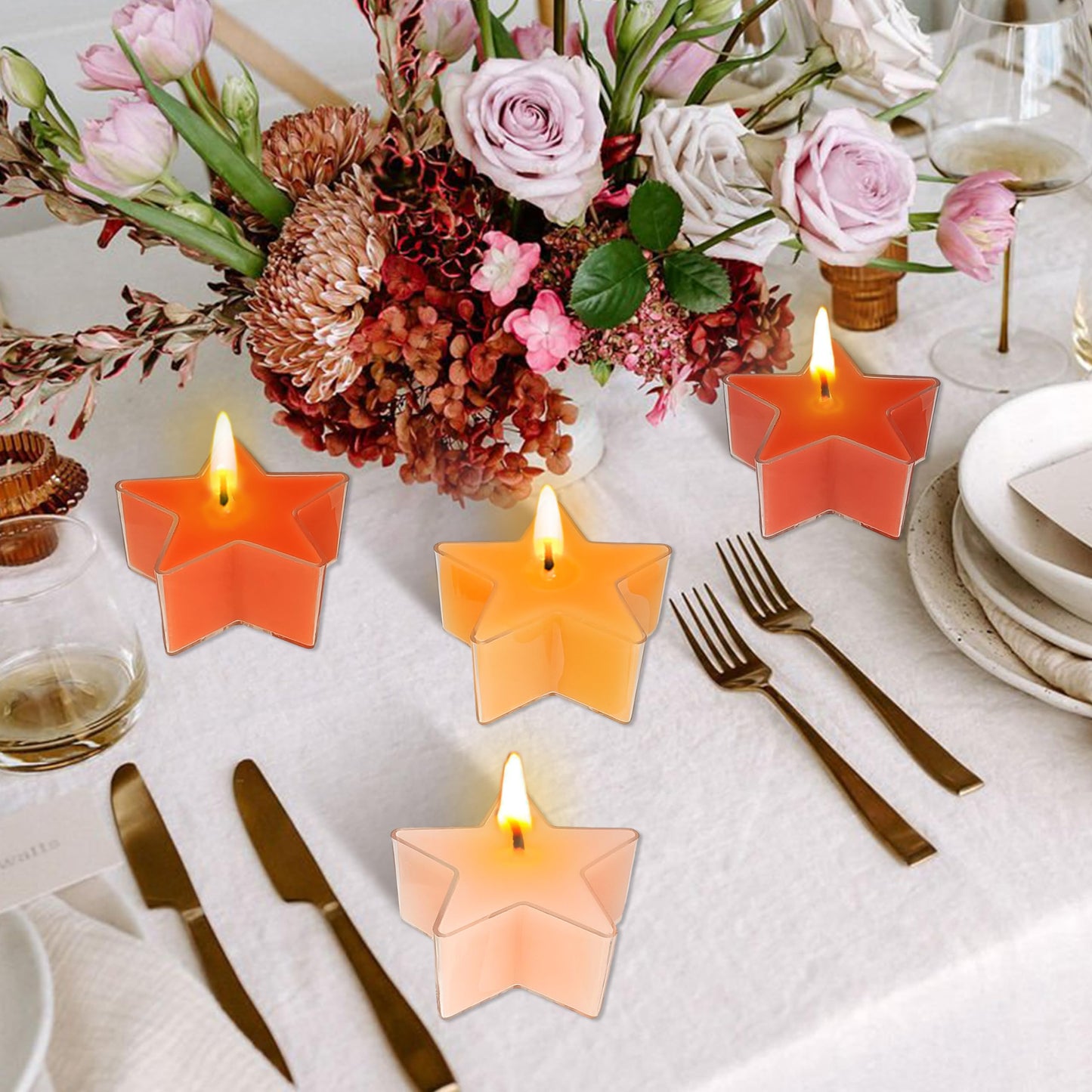 Tea Lights Gradation Orange Star Tea Candles Set of 12 – Tealight Candles with Citrus Scent, Long Burning Handmade Tealights for Wedding Meditation Home Decor Gift