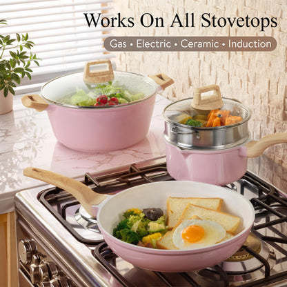 CAROTE 21 PCS Ceramic Cookware Set, Pots and Pans Set Non Stick, Pot and Pan Set with Frying pan, Induction Ready Cooking Set for Kitchen, PFOS/PFOA/PFAS Free, Pink