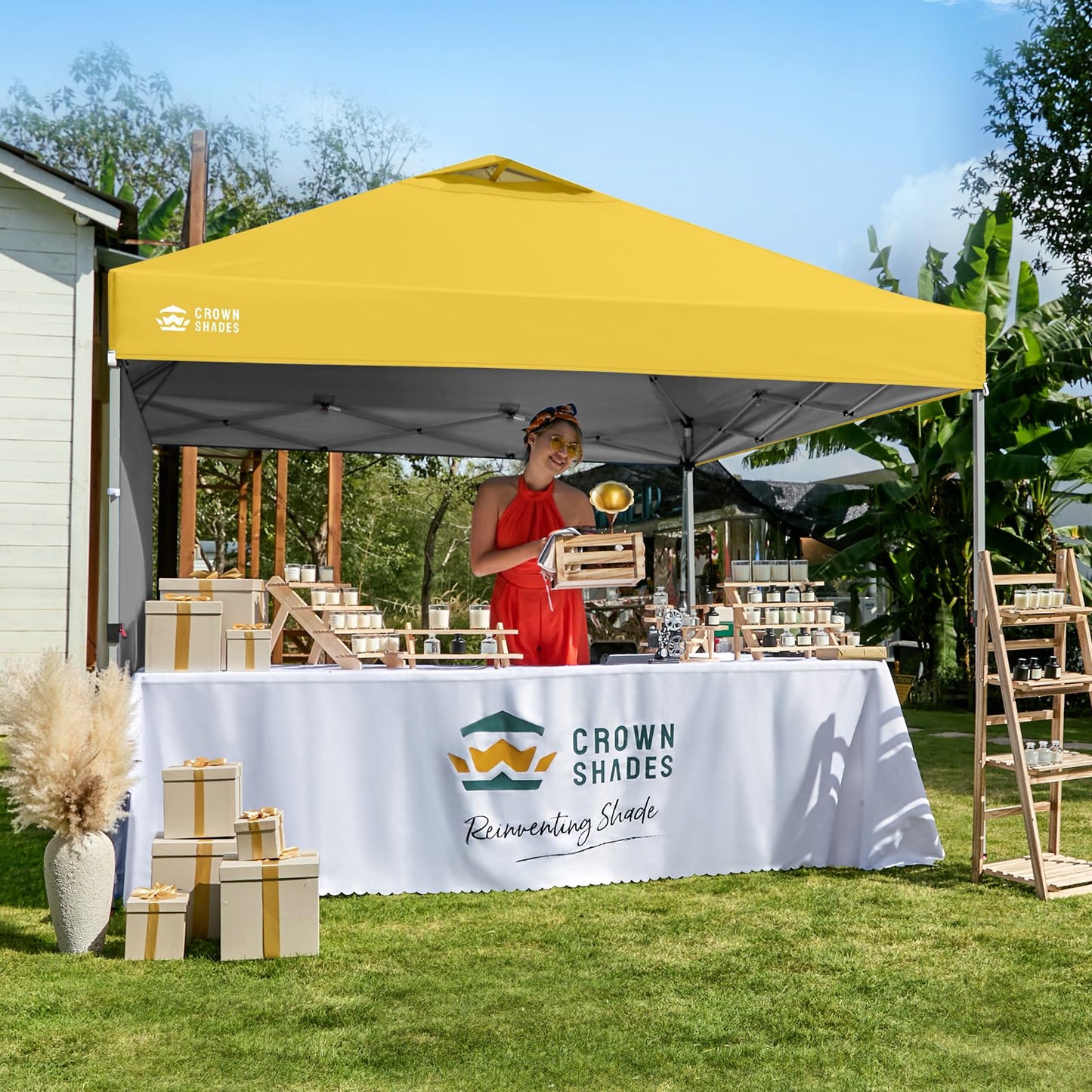 CROWN SHADES 10x10 Pop Up Canopy with 1 Side Wall - Beach Tent with One Push Setup - Outdoor Sun Shade for Events, Parties, Camping - Gazebo with STO-N-Go Cover Bag (Yellow)