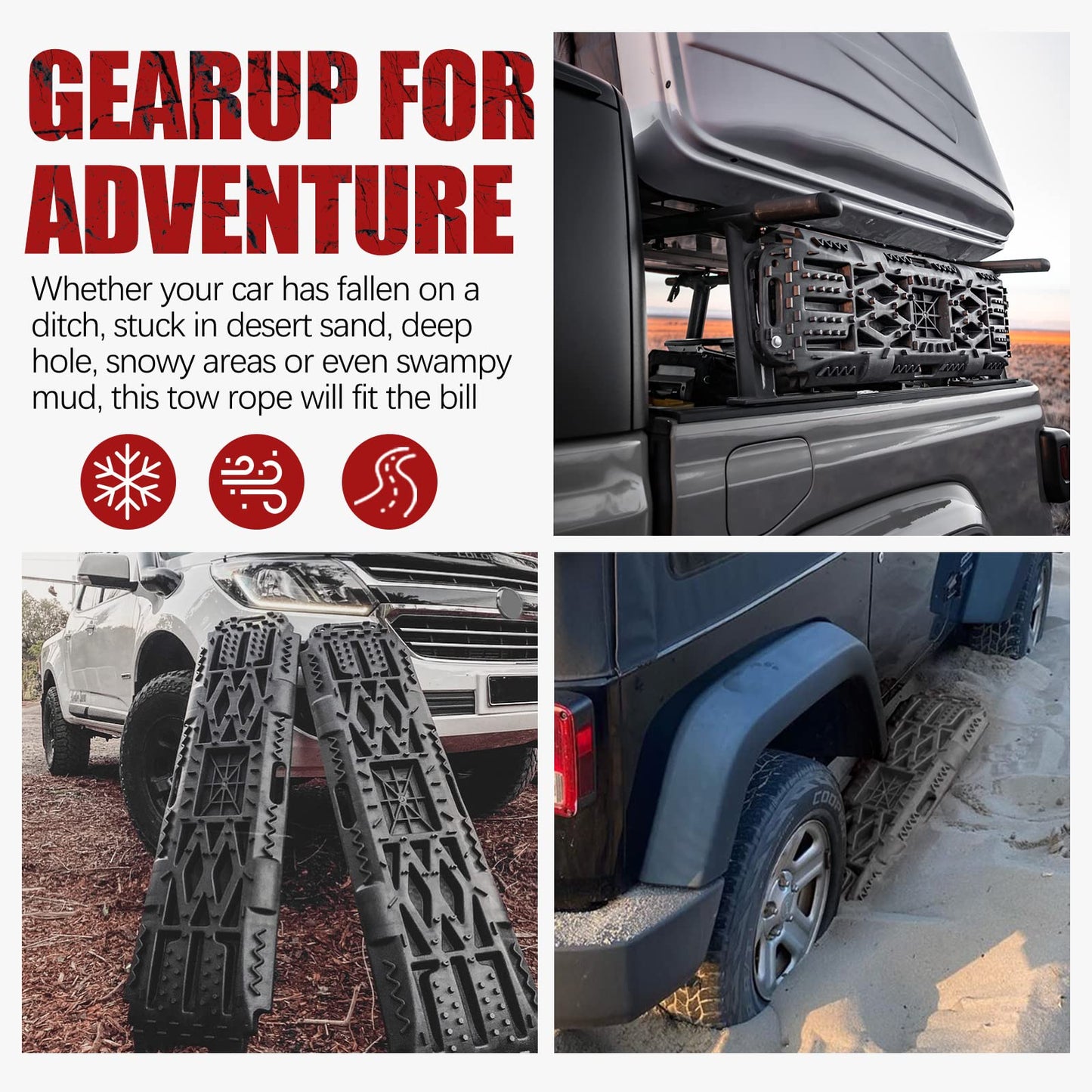 BUNKER INDUST Offroad Traction Boards with Jack Lift Base + 1"×30ft Kinetic Recovery Rope with 2 Soft Shackles Kit