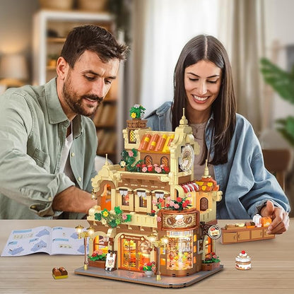 City Bakery Cafe House Building Set with Light 1289 PCS Baking Shop Building Block Toy with Coffee Cake Bread Bakery Room Pastry Construction Model for Adults Teens Kids Boys Girls Ages 8-12+
