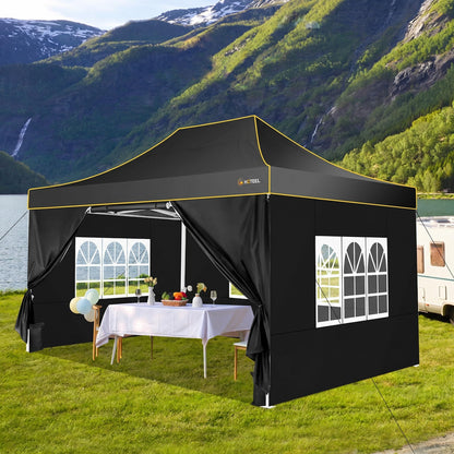 HOTEEL 10x15 Heavy Duty Pop up Canopy Tent for Parties with 4 Sidewalls, Easy Setup Outdoor Commercial Instant Gazebo for Wedding Event, with Roller Bag & Sand Bags, Black(Hexagonal Frame)