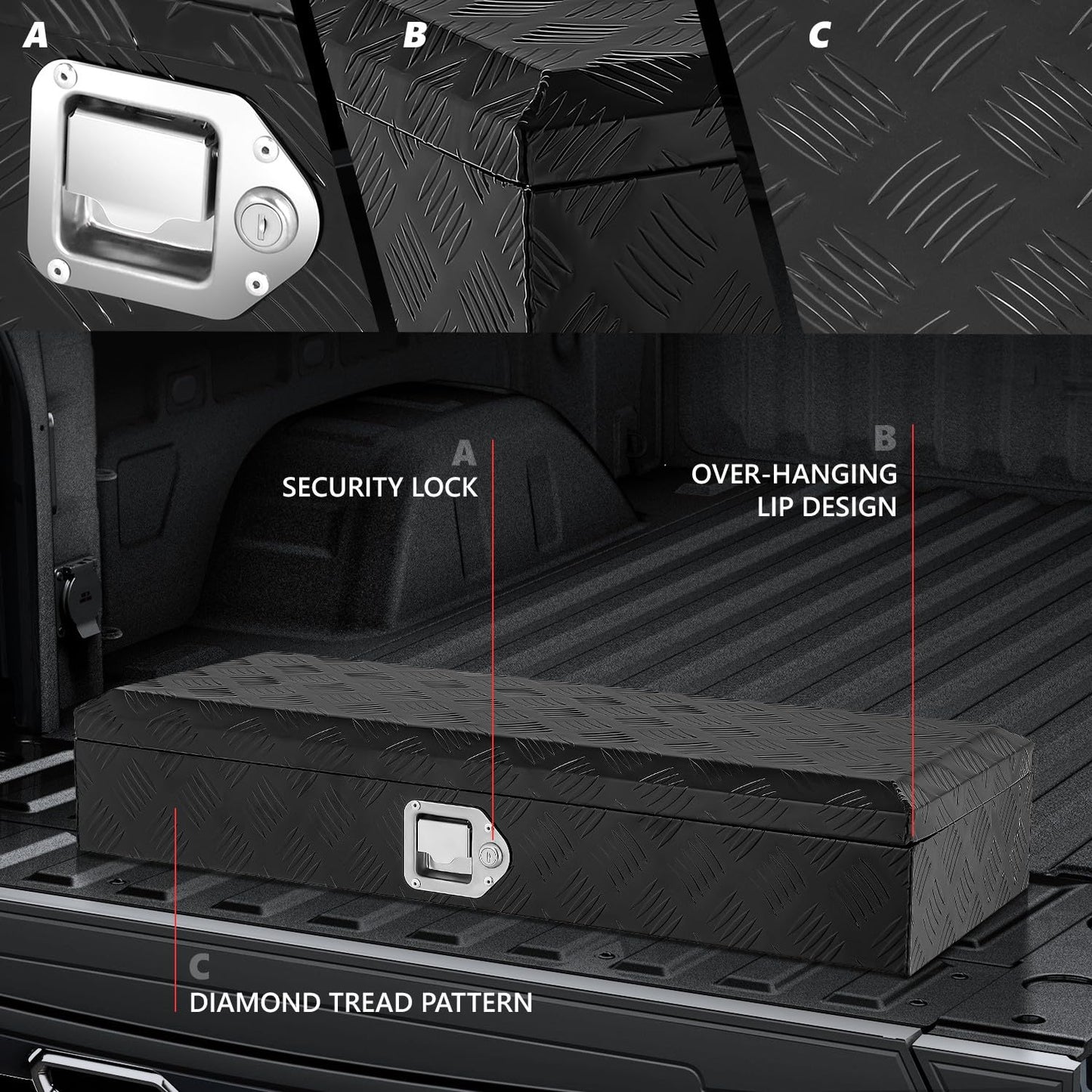 DNA MOTORING Truck Tool Box Lockable Storage Box, Truck Bed Tool Box Trailer Tongue Box Aluminum Truck Tool Box for Bed of Truck, with Lock & Keys, 34" L X 6.2" H X 12.8" W, Black,TBOX-T5-006-BK